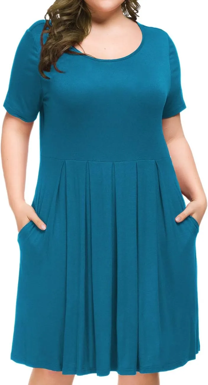 Tralilbee Women's Plus Size Short Sleeve Dress Casual Pleated Swing Dresses with Pockets