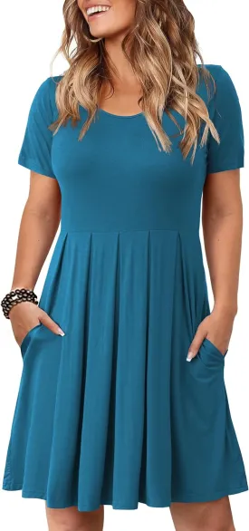 Tralilbee Women's Plus Size Short Sleeve Dress Casual Pleated Swing Dresses with Pockets