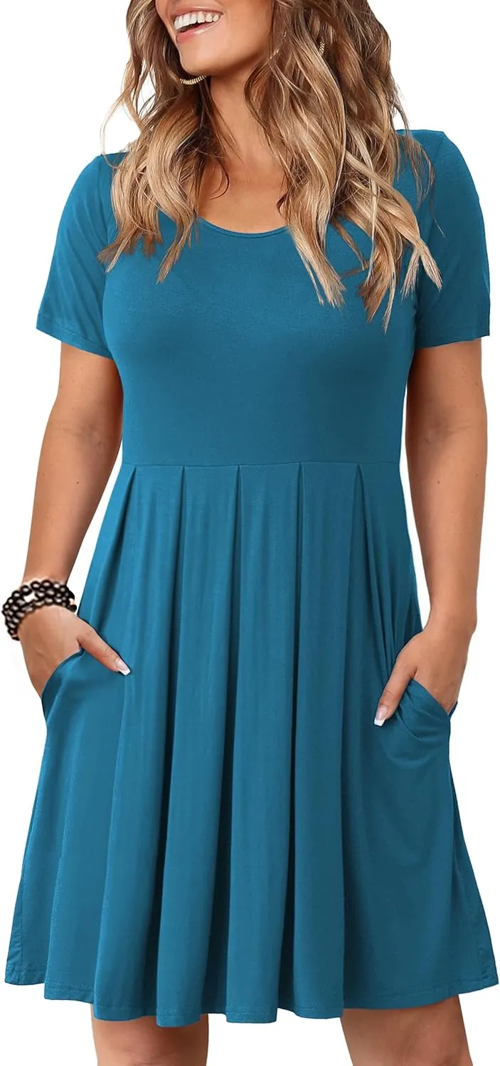 Tralilbee Women's Plus Size Short Sleeve Dress Casual Pleated Swing Dresses with Pockets