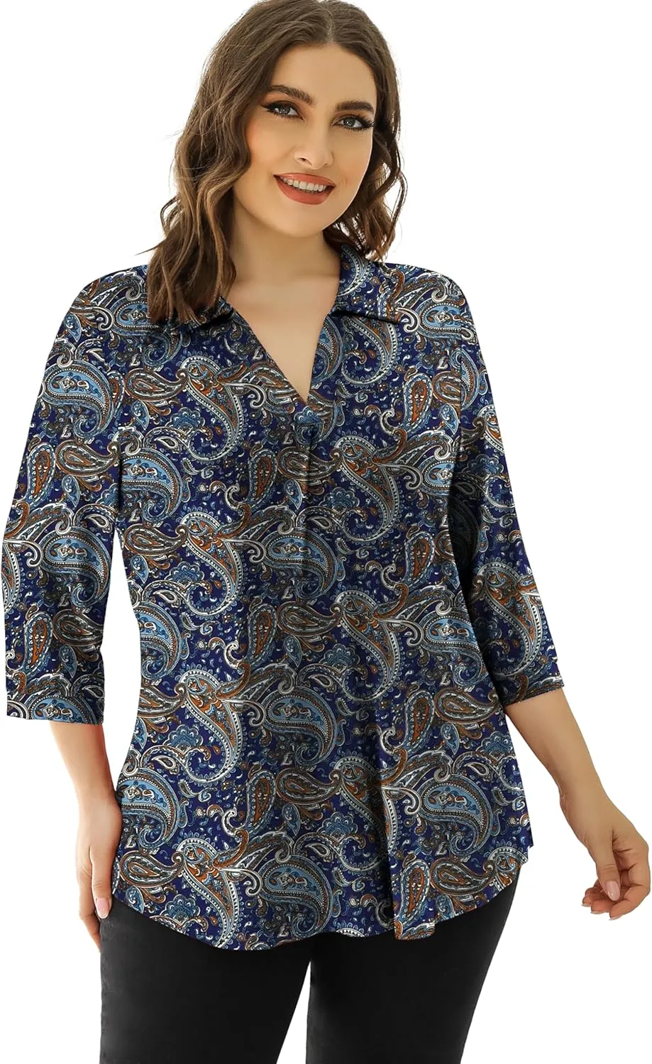 U.Vomade Women's 3/4 Sleeve Plus Size Tops Collared V Neck Casual Comfy Work Blouses L-4X