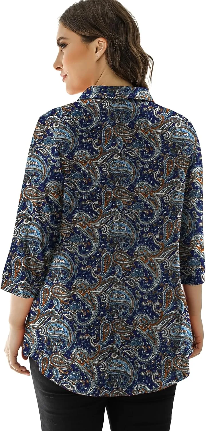 U.Vomade Women's 3/4 Sleeve Plus Size Tops Collared V Neck Casual Comfy Work Blouses L-4X