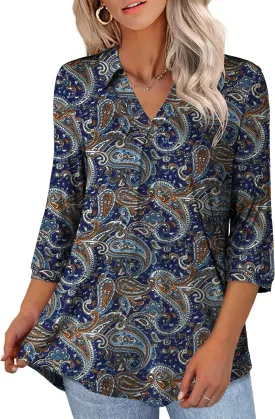 U.Vomade Women's 3/4 Sleeve Plus Size Tops Collared V Neck Casual Comfy Work Blouses L-4X
