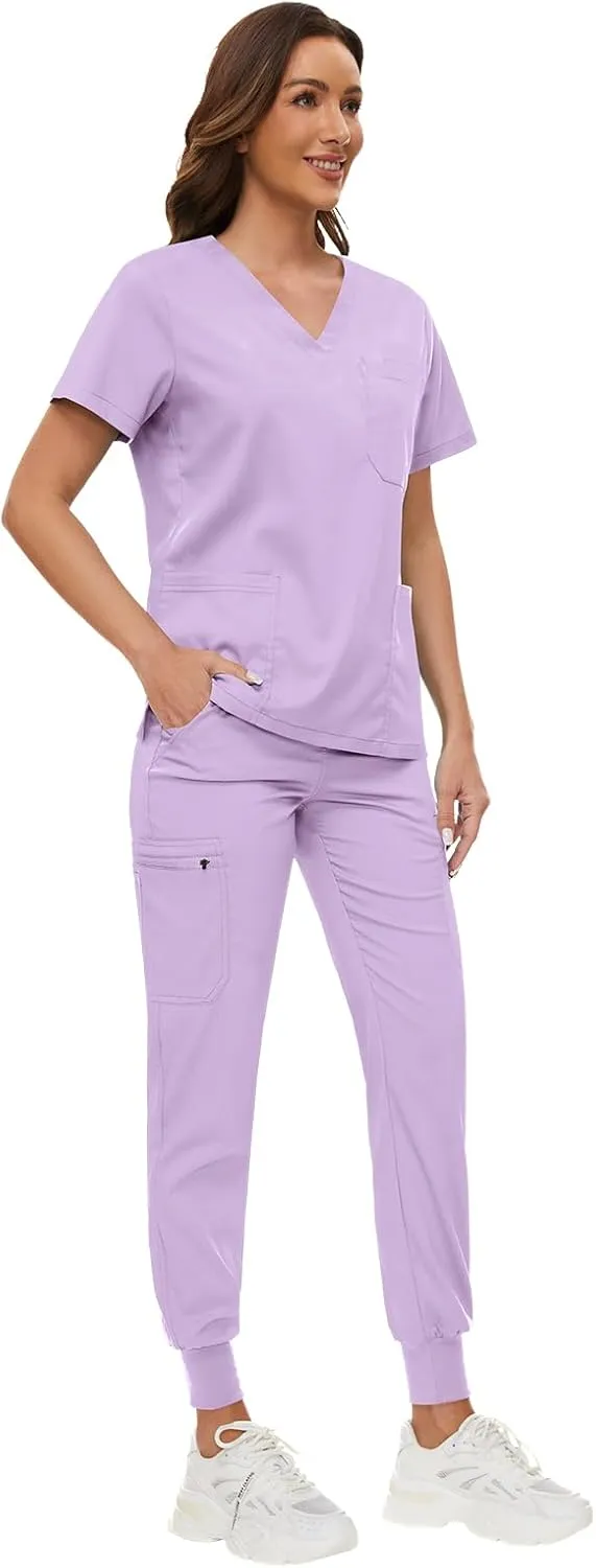 VIAOLI Women's V-Neck Scrub Set with 8 Pocket Yoga Waistband Jogger Pants - Nurse Uniforms