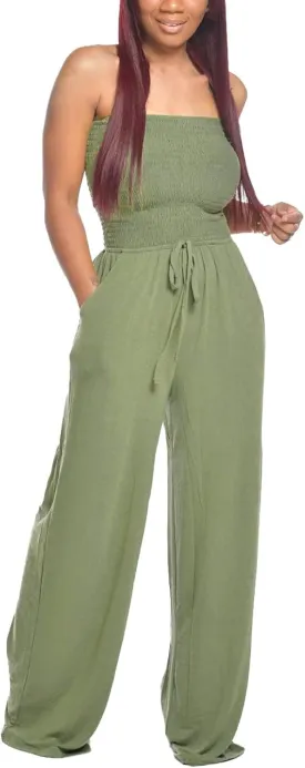 Women's Casual Strapless Tube Top Rompers Off Shoulder Solid Color Belted Wide Leg Jumpsuit with Pockets
