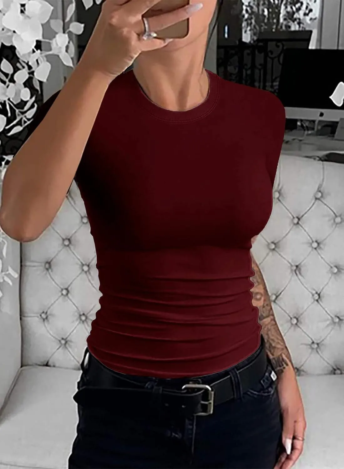 Womens Crewneck Short Sleeve Ribbed T-Shirt Slim Fit Tops Solid Basic Tee