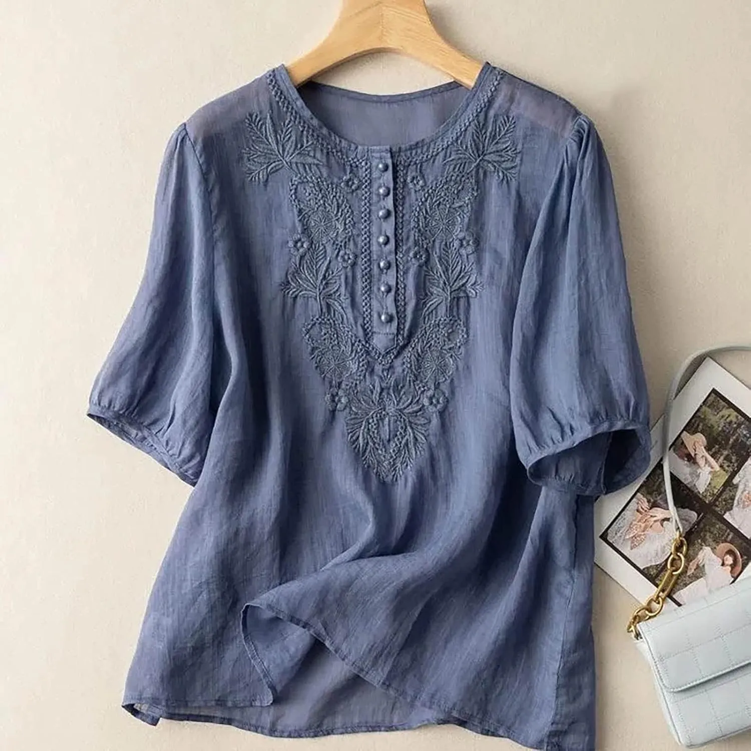 Women's Embroidered Blouse Cotton Linen Puff Short Sleeve Crew Neck Peasant Boho Top Casual Loose Button-Down T Shirts