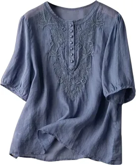 Women's Embroidered Blouse Cotton Linen Puff Short Sleeve Crew Neck Peasant Boho Top Casual Loose Button-Down T Shirts