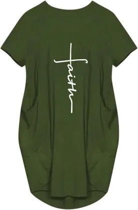 Women's Faith Baggy T-Shirt Dress Casual Oversize Short Sleeve Midi Dresses with Pocket