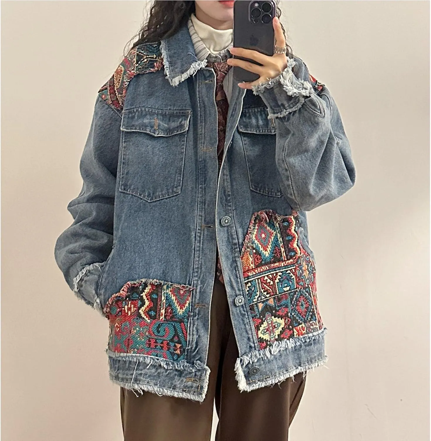 Women's Oversized Denim Jacket Long Sleeve Button Down Embroidery Ethnic Style Jean Jackets