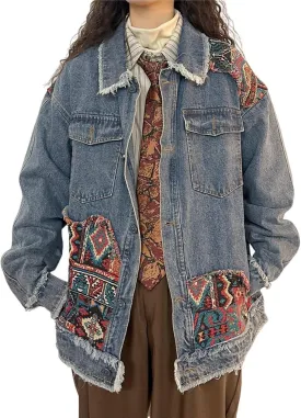 Women's Oversized Denim Jacket Long Sleeve Button Down Embroidery Ethnic Style Jean Jackets