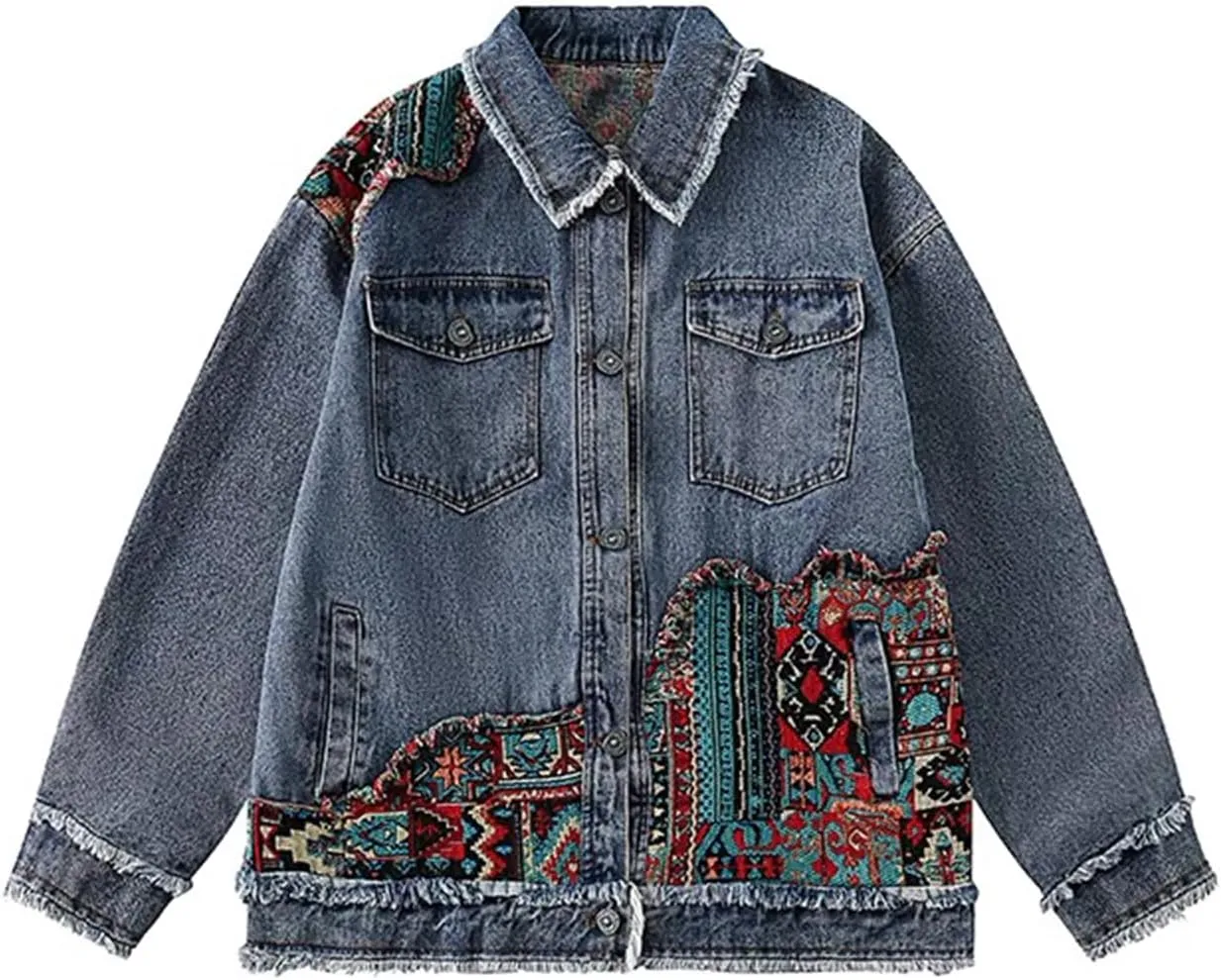 Women's Oversized Denim Jacket Long Sleeve Button Down Embroidery Ethnic Style Jean Jackets