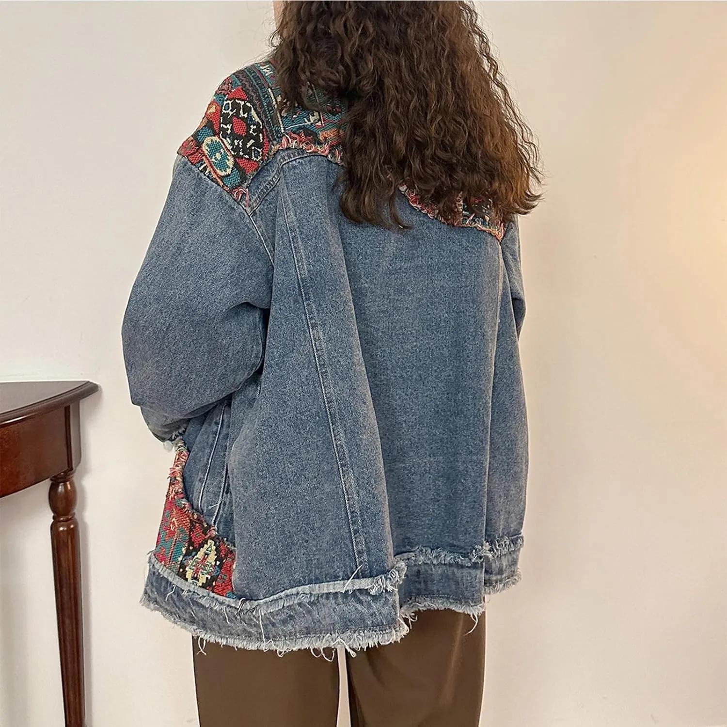 Women's Oversized Denim Jacket Long Sleeve Button Down Embroidery Ethnic Style Jean Jackets