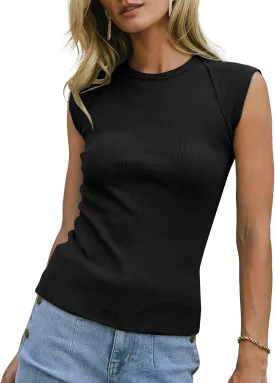 Womens Ribbed Tank Tops Cap Sleeve Slim Fitted Knit Basic Tee Shirts Trendy Casual 2025 Summer Clothes
