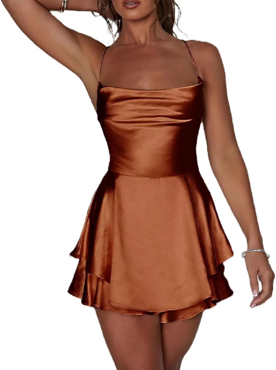 Women's Sexy Satin Mini Dress Sleeveless Tie Backless Cowl Neck Cocktail Party Silk Mini Cami Dress