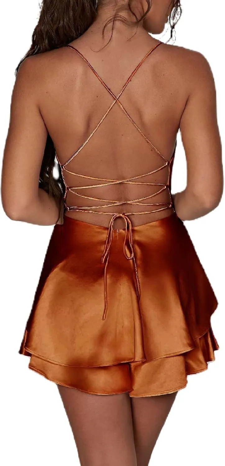 Women's Sexy Satin Mini Dress Sleeveless Tie Backless Cowl Neck Cocktail Party Silk Mini Cami Dress