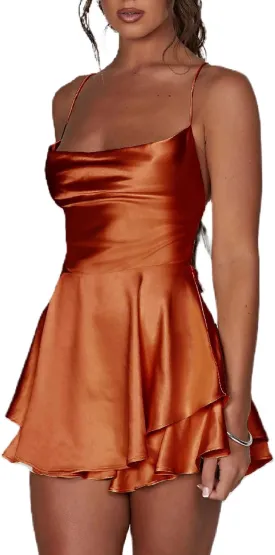 Women's Sexy Satin Mini Dress Sleeveless Tie Backless Cowl Neck Cocktail Party Silk Mini Cami Dress