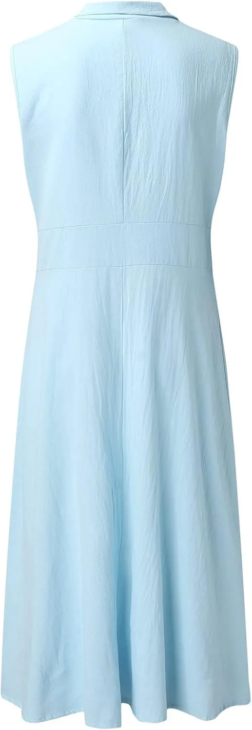 Women's Summer Cotton Linen Lapel V Neck Button Down Maxi Shirt Dress Casual Sleeveless A-Line Long Work Dress