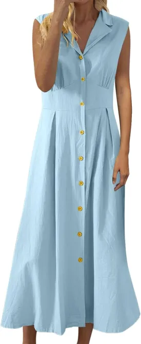 Women's Summer Cotton Linen Lapel V Neck Button Down Maxi Shirt Dress Casual Sleeveless A-Line Long Work Dress