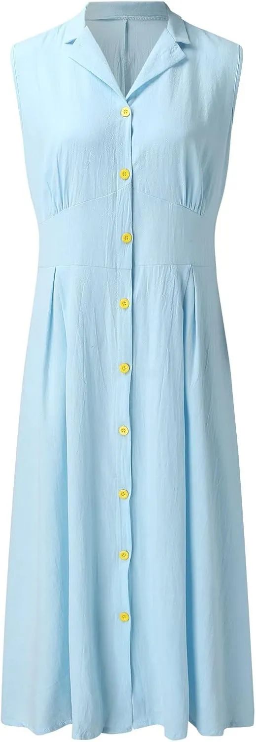 Women's Summer Cotton Linen Lapel V Neck Button Down Maxi Shirt Dress Casual Sleeveless A-Line Long Work Dress