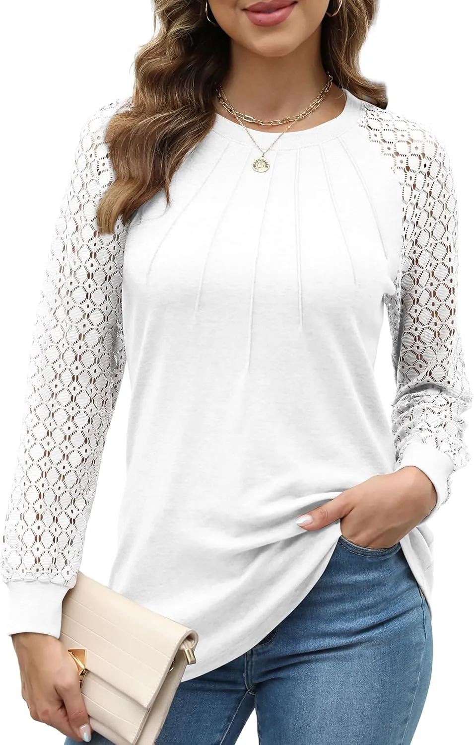 Womens Tops Dressy Business Casual Blouses Cute Soft Lace Long Sleeve Work Shirts Fall Clothes