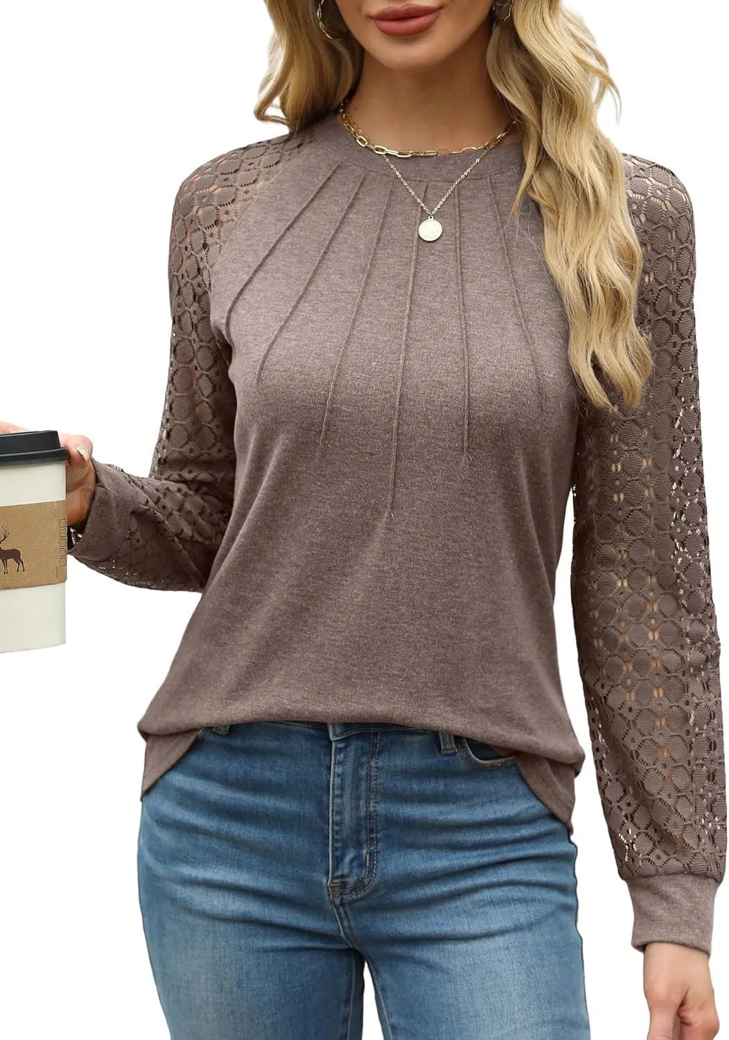 Womens Tops Dressy Business Casual Blouses Cute Soft Lace Long Sleeve Work Shirts Fall Clothes