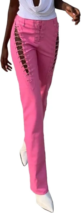 xxxiticat Women's Lace Up PU Leather Pants Chic High Waist Hollow Out Drawstring Bandage Cut Out Faux Leather Trousers
