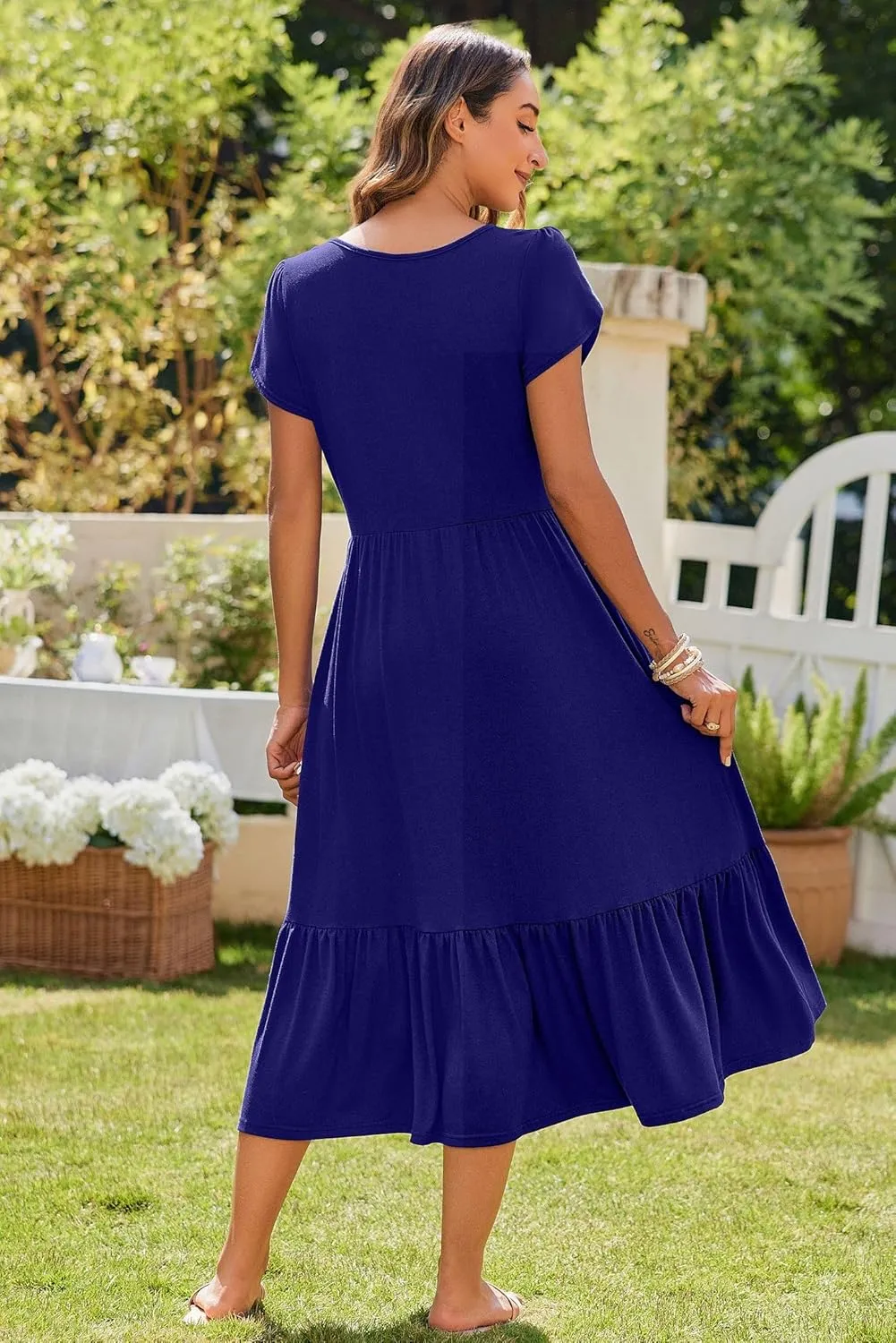 Zeagoo Women Summer Midi A Line Dress Short Sleeve Casual Flowy Tiered Beach Long Sundress with Pockets 2025 Vacation Travel