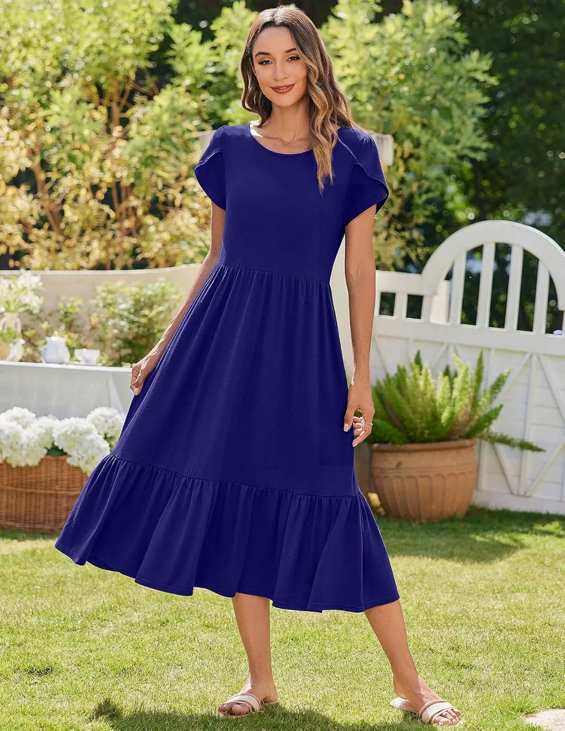 Zeagoo Women Summer Midi A Line Dress Short Sleeve Casual Flowy Tiered Beach Long Sundress with Pockets 2025 Vacation Travel