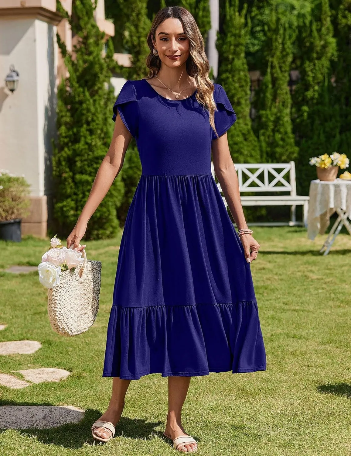 Zeagoo Women Summer Midi A Line Dress Short Sleeve Casual Flowy Tiered Beach Long Sundress with Pockets 2025 Vacation Travel