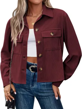 Zeagoo Womens Fashion Cropped Shackets Corduroy Button Down Crop Jackets Tops Long Sleeve Shirts Trendy 2025